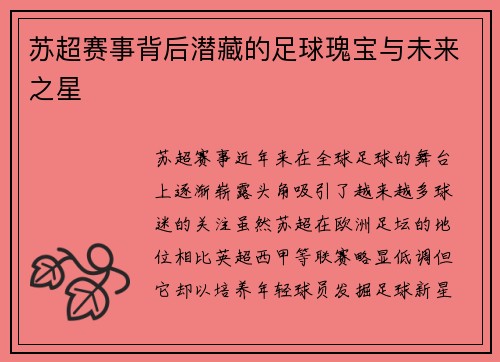 苏超赛事背后潜藏的足球瑰宝与未来之星