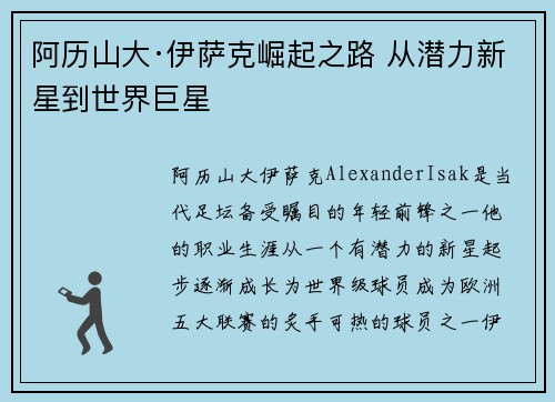 阿历山大·伊萨克崛起之路 从潜力新星到世界巨星